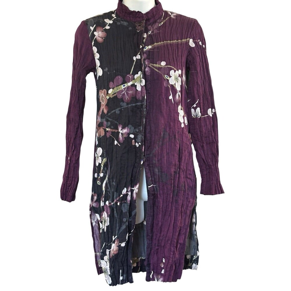 Citron SM Crush Silk Black Purple Artsy Asian Floral Duster Coat Zip Pockets XS